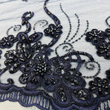 Beaded & Corded Lace Fabric - Embroidered 100 Percent Polyester Net Mesh, Navy/Black, 54" Width (1 Yard)