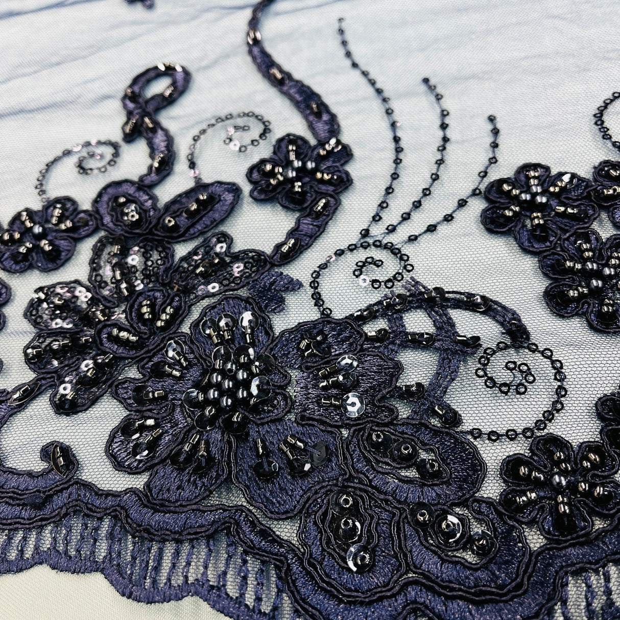 Beaded Corded Lace Navy Mesh