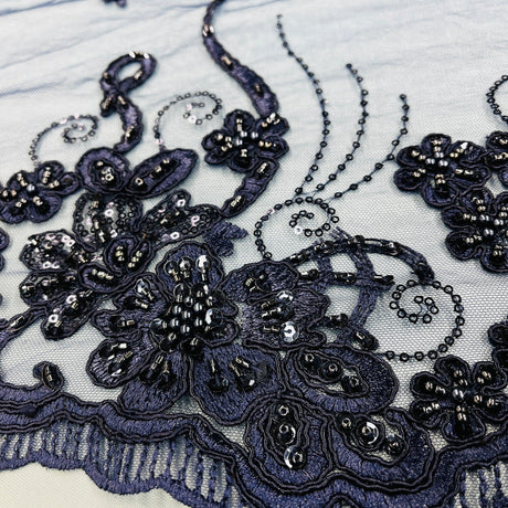 Beaded Corded Lace Navy Mesh