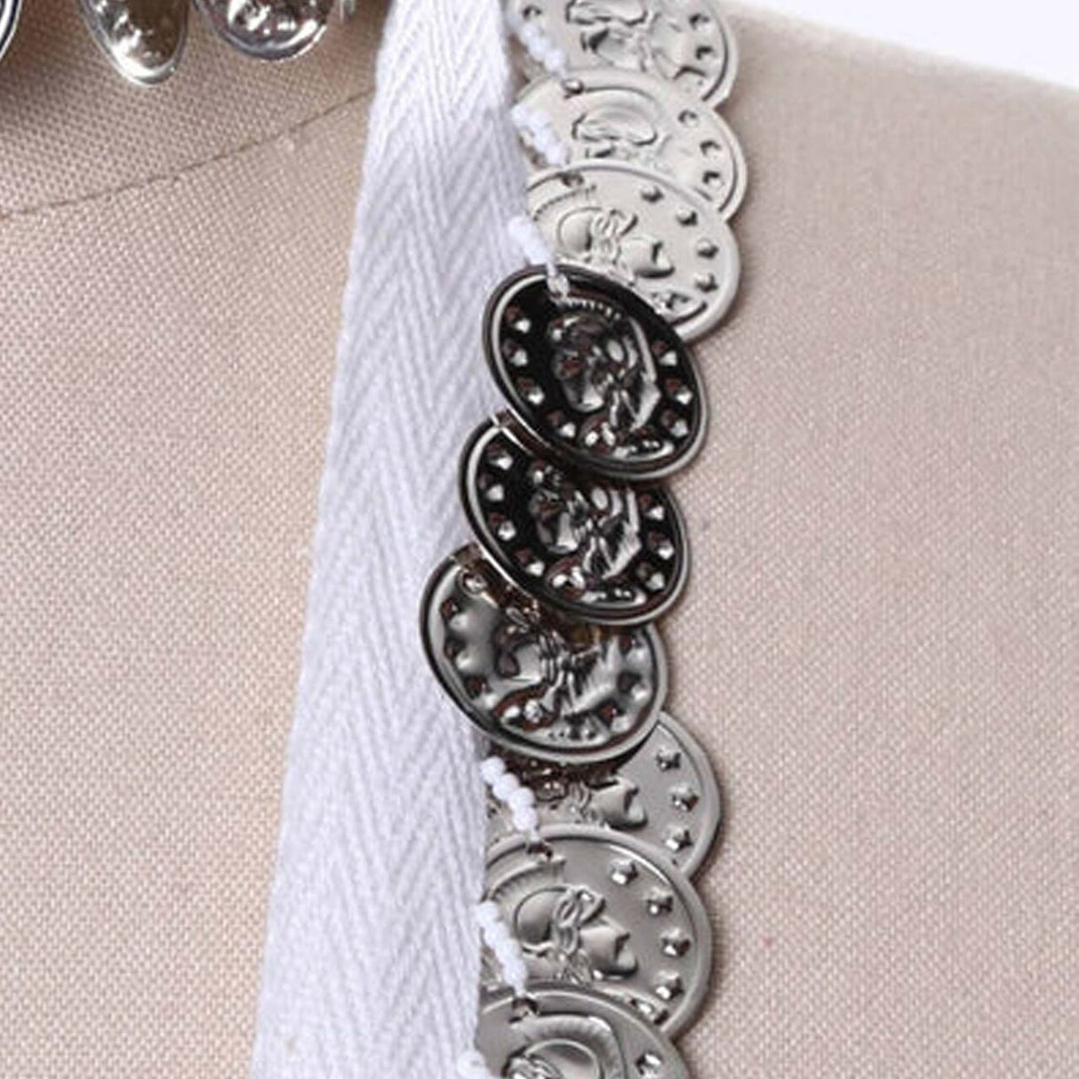 White Twill Tape with Silver Coin Fringe 3/4" Cotton Trim for Costumes & Crafts