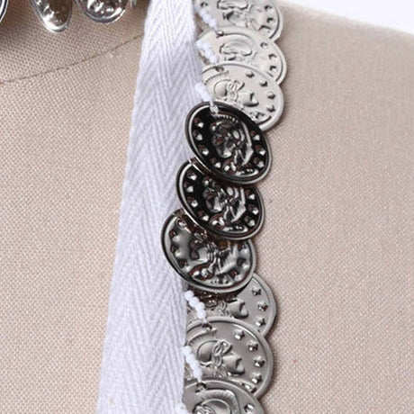 White Twill Tape with Silver Coin Fringe 3/4" Cotton Trim for Costumes & Crafts