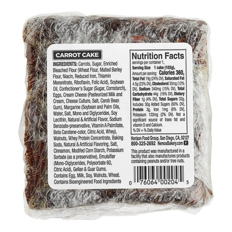 Ne-Mo's Bakery Frozen Individually Wrapped Carrot Cake Square 3.6 oz. - 36/Case
