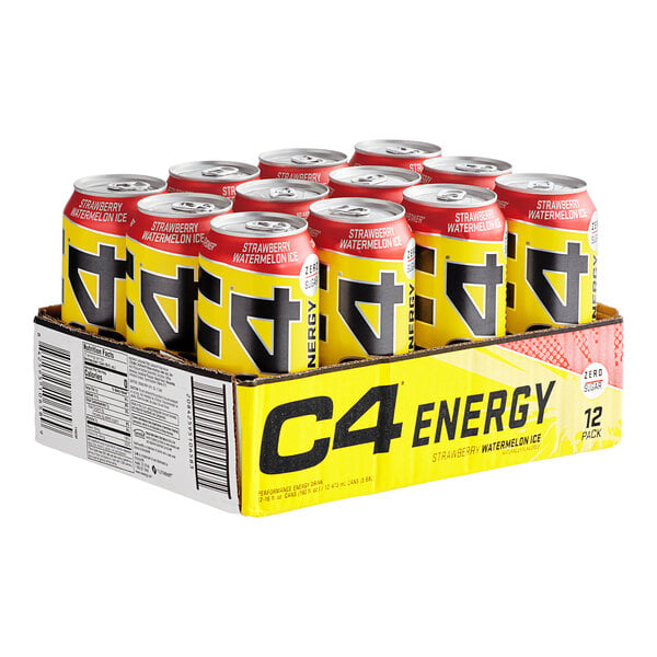 C4 Energy Strawberry Watermelon Ice Energy Drink 16 fl. oz. Can - 12/Case
