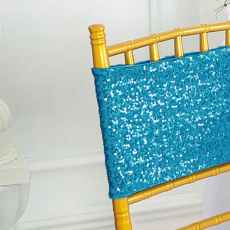 10 Pieces Shimmering Turquoise Sequin Spandex Chair Bands 7 x 13 Inches