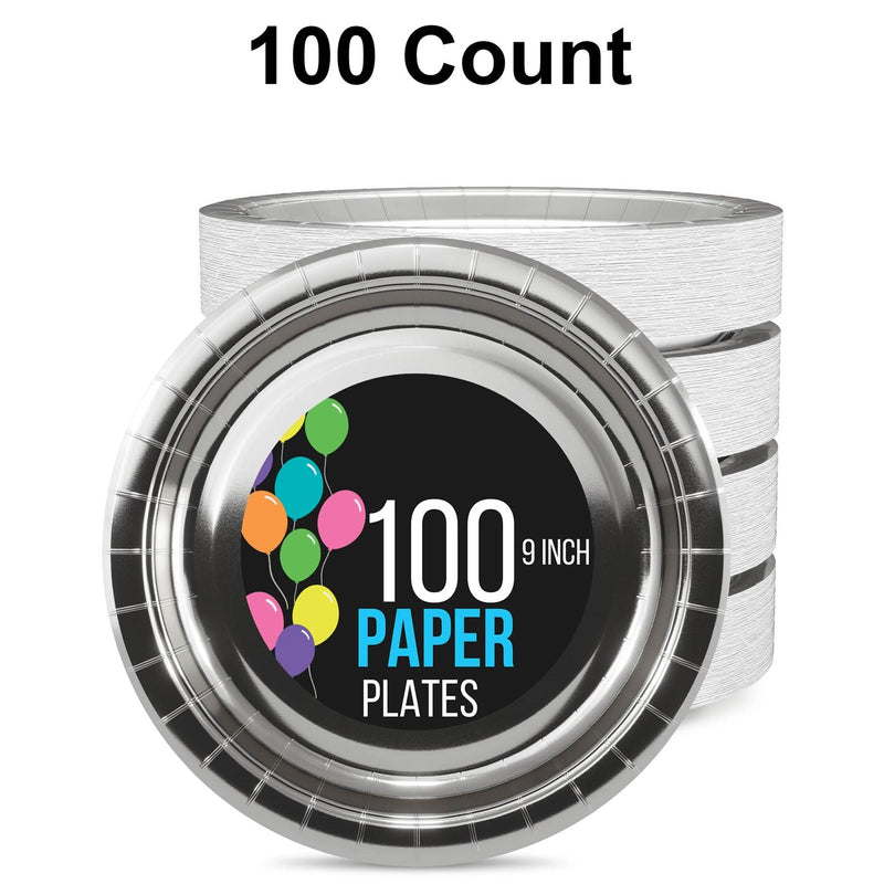 100 Count Reflective Silver Paper Plates Elegant Disposable Party Dinnerware for Weddings and Events 9 Inch