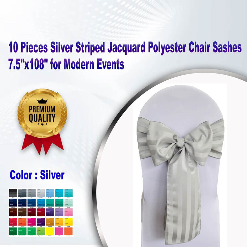 10 piezas de fajines para sillas de jacquard de poliéster a rayas plateadas, 7.5"x108" para eventos modernos