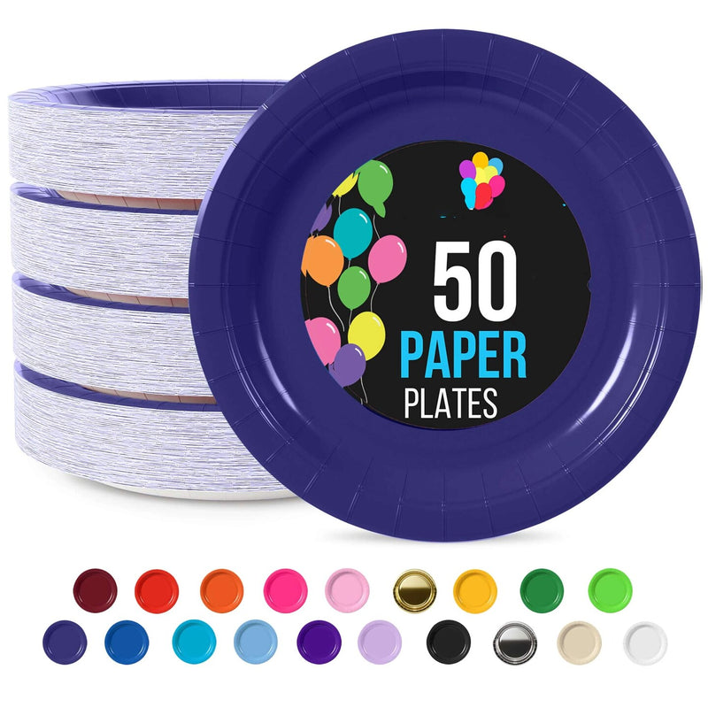 50 Count Navy Paper Plates 9 Inch Elegant Disposable Dinnerware for Parties and Events