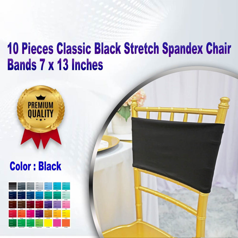 10 Pieces Classic Black Stretch Spandex Chair Bands 7 x 13 Inches