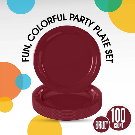 100 Count Burgundy Paper Plates 9" Disposable Party Plates for Catering Events