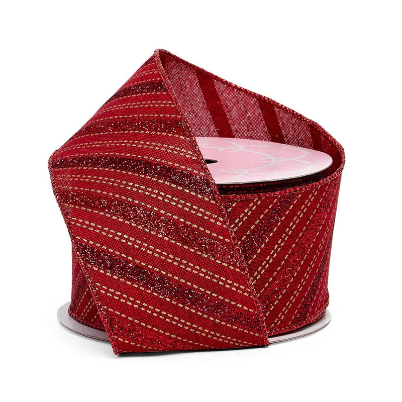 Natural / Red Glitter Peppermint Stripe on Natural Wired Ribbon 2.5" x 10 yd
