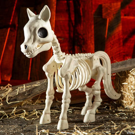 Standing Pony Plastic Skeleton Halloween Yard Decoration Prop, stands upright for an eerie Halloween yard display