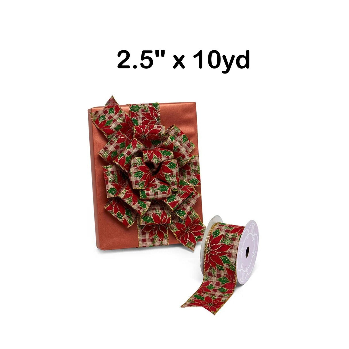 Poinsettia on Red Gingham Wired Ribbon 2.5" x 10 Yards