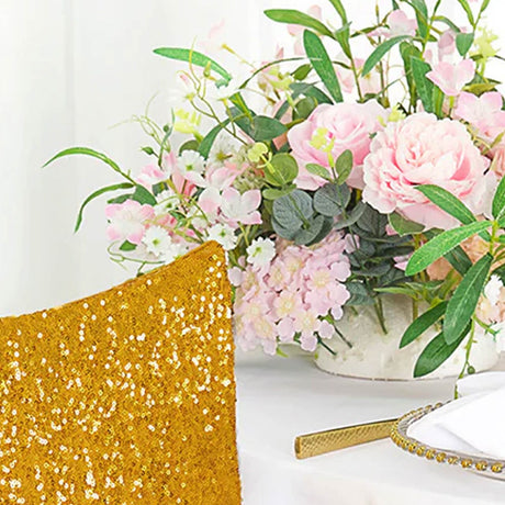 1 Piece Gold Sequin Spandex Chair Cap 13.5 inch by 10 inch Banquet Decor