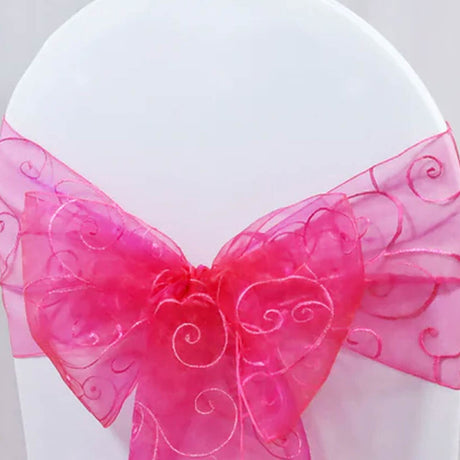 10 Pieces Fuchsia Embroidered Organza Chair Sashes Sheer Elegant Event Decor Bows 8"x108"