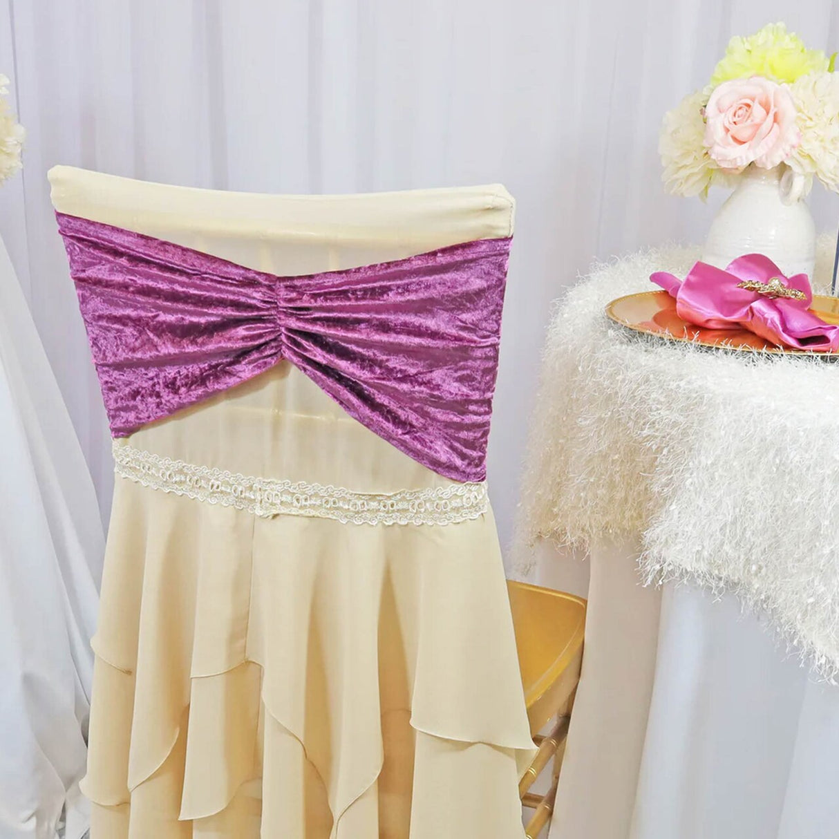 10 Pieces Mauve Ruffled Ice Crushed Velvet Chair Bands for Event Decor 8x13 inches
