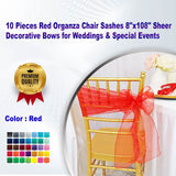 10 Pieces Red Organza Chair Sashes 8"x108" Sheer Decorative Bows for Weddings & Special Events