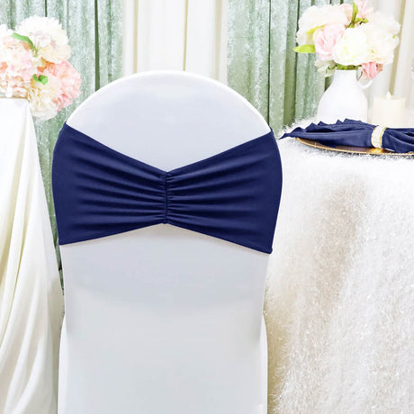 10 Pieces Navy Blue Ruffled Spandex Chair Bands for Elegant Event Seating 8x13 inches