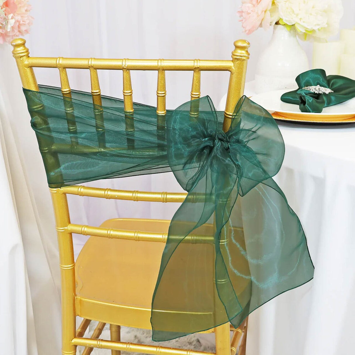 10 Pieces Hunter Green Organza Chair Sashes 8"x108" Holly Green Wedding & Event Decor