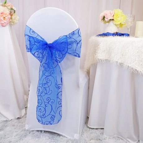 10 Pieces Royal Blue Embroidered Organza Chair Sashes 8"x108" Elegant Wedding & Event Decor