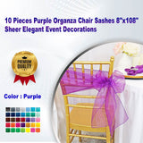 10 Pieces Purple Organza Chair Sashes 8"x108" Sheer Elegant Event Decorations