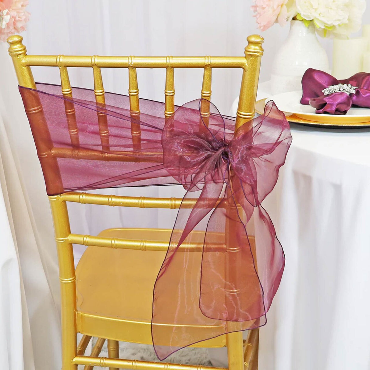 10 Pieces Plum Organza Chair Sashes 8"x108" Sheer Elegant Event Decor