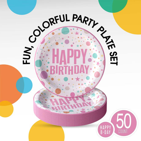 50 Count Pink Birthday Print Paper Plates for Girl Party Supplies Celebration 7 Inch