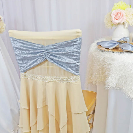 10 Pieces Dusty Blue Ruffled Ice Crushed Velvet Chair Bands for Elegant Event Styling 8 x 13 inches