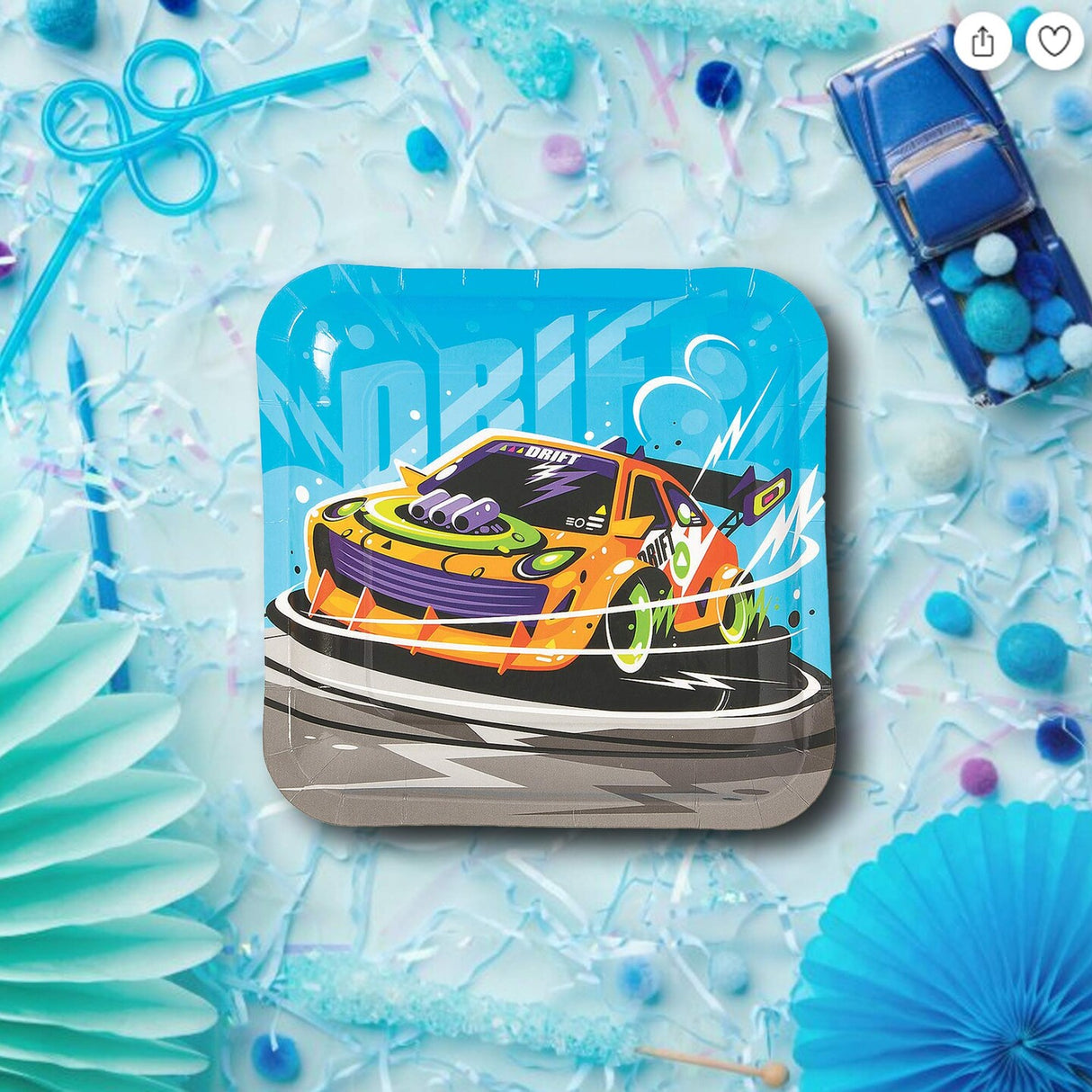 8 Count Orange Race Car Square Paper Dinner Plates 9" Kids Birthday Party
