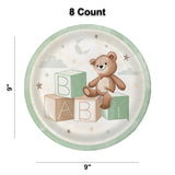8 Ct. Teddy Bear Paper Dinner Plates with Green Trim 9" Baby Shower Party Plates
