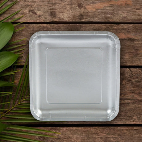 24 Count Metallic Silver Square Paper Dinner Plates 9" Disposable Elegant Party Plates