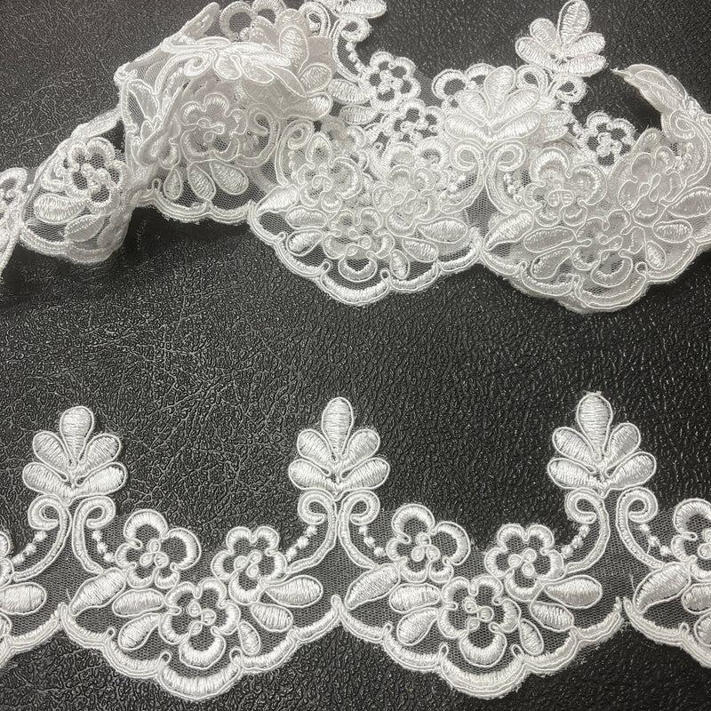 1 Yard Corded Lace Trimming Embroidered on 100% Polyester Net Mesh 3" Wide