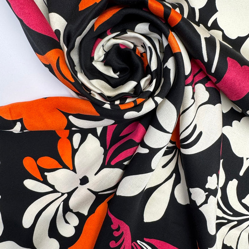 Viscose Sateen Floral Black White