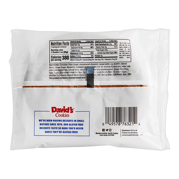 David's Cookies 3 oz. Gluten-Free Individually-Wrapped Chocolate Chip Cookie - 24/Case