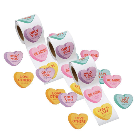 Religious Conversation Hearts Sticker Roll 100 Pieces 1 1/4x1 1/2 Inch