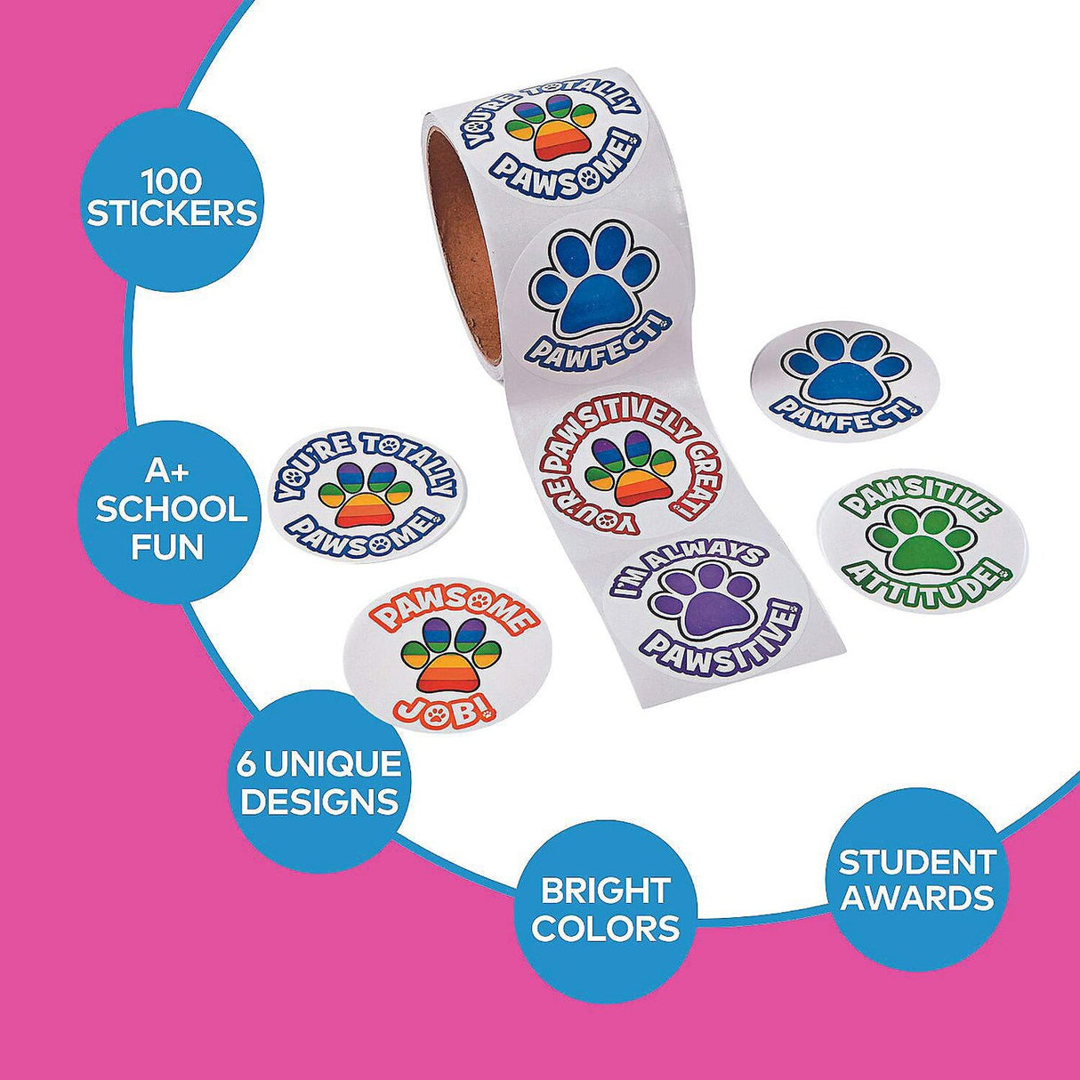 2 1/4" Multicolor Motivational Paw Print Sticker Roll 100 Pc