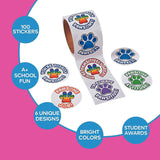 2 1/4" Multicolor Motivational Paw Print Sticker Roll 100 Pc