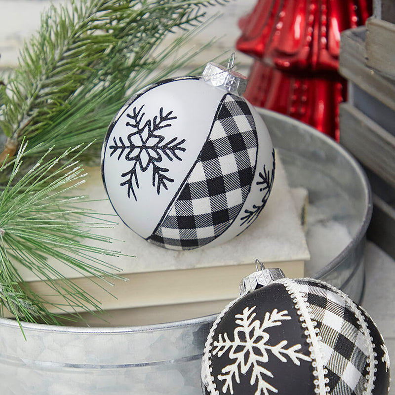 4" Black and White Ball Plaid Ornament