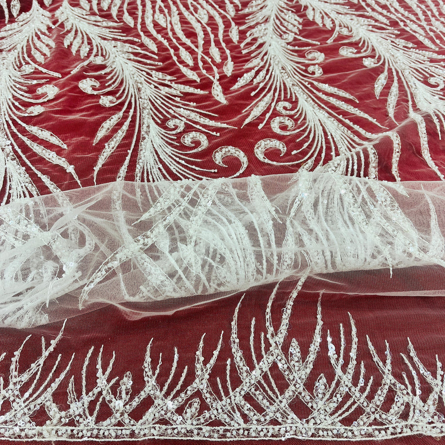 1 Yard Beaded Lace Fabric Embroidered on 100% Polyester Net Mesh