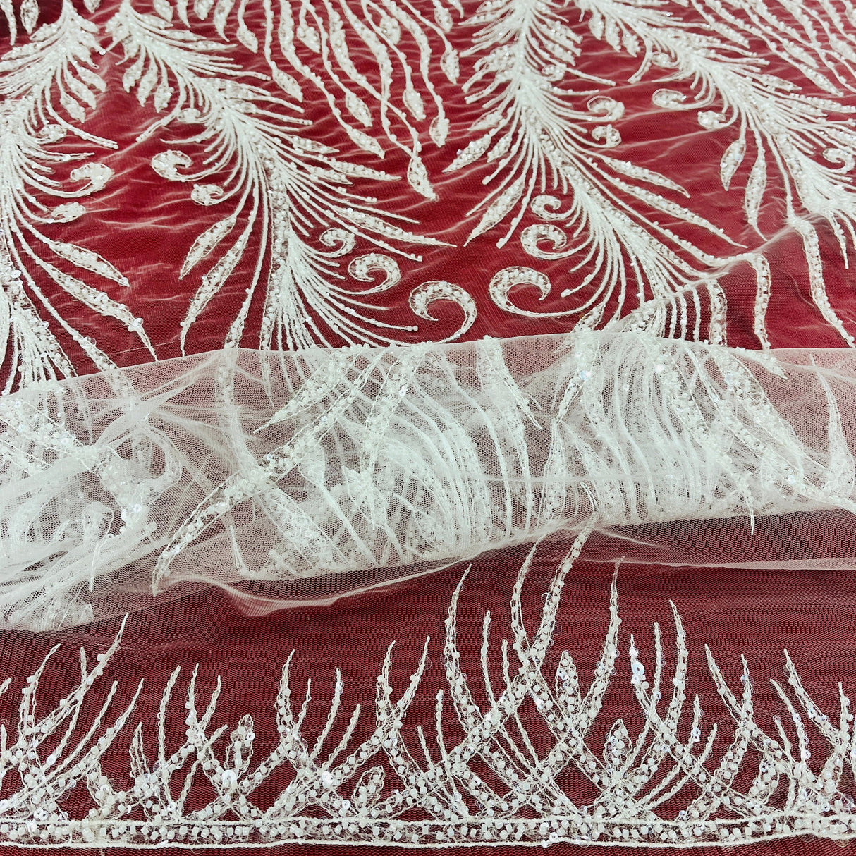 Beaded Lace Fabric on Polyester Net Mesh