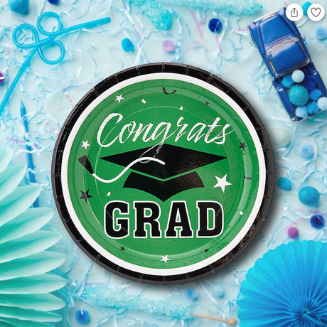 25 Count Green Congrats Grad Paper Dessert Plates Graduation Party Supplies