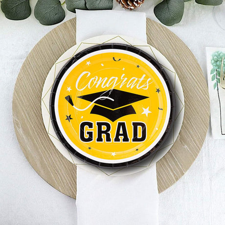 25 Count Yellow Congrats Grad Paper Dessert Plates Graduation Party Disposable Plates