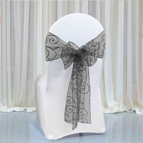 10 Pieces Black Embroidered Organza Chair Sashes 8"x108" for Elegant Event Styling