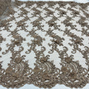 3D Beaded Floral Lace Fabric - Embroidered 100 Percent Polyester Net Mesh, 3D Floral, Beaded, Mirrored Symmetrical Scallops, 52" Wide (1 Yard)