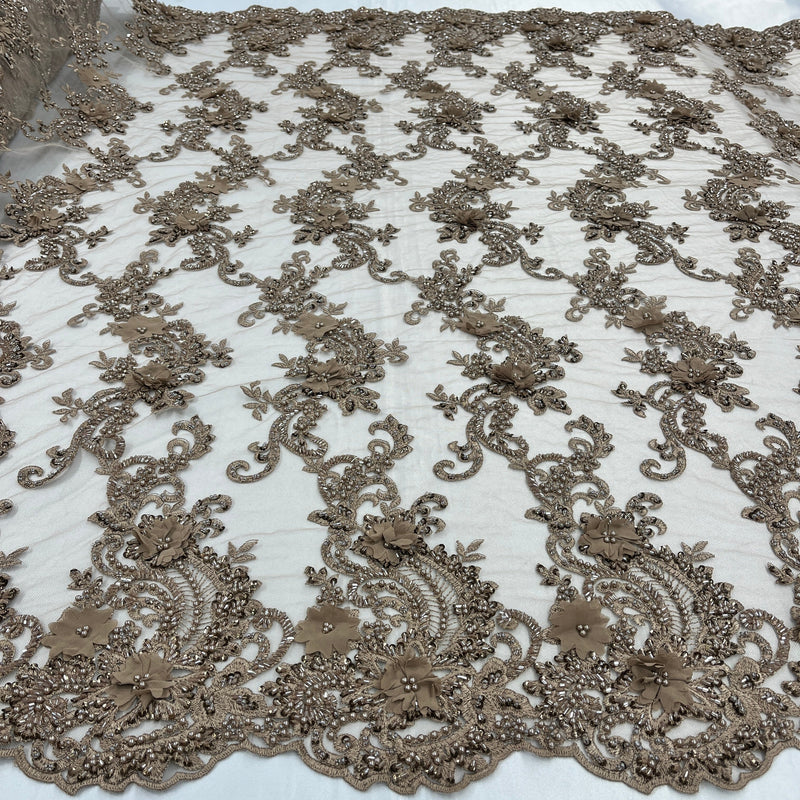 Beaded Floral Lace Fabric 3D Embroidered Net Mesh 52" Wide