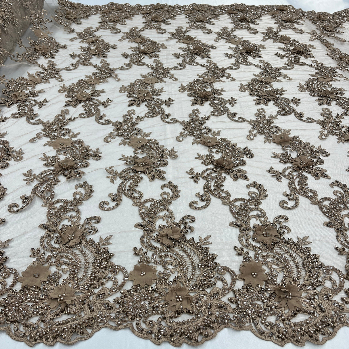 Beaded Floral Lace Fabric 3D Embroidered Net Mesh 52" Wide