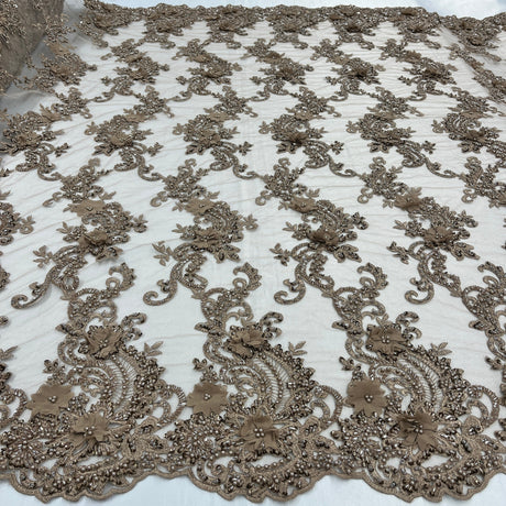 Beaded Floral Lace Fabric 3D Embroidered Net Mesh 52" Wide