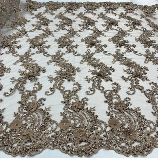 Beaded Floral Lace Fabric 3D Embroidered Net Mesh 52" Wide