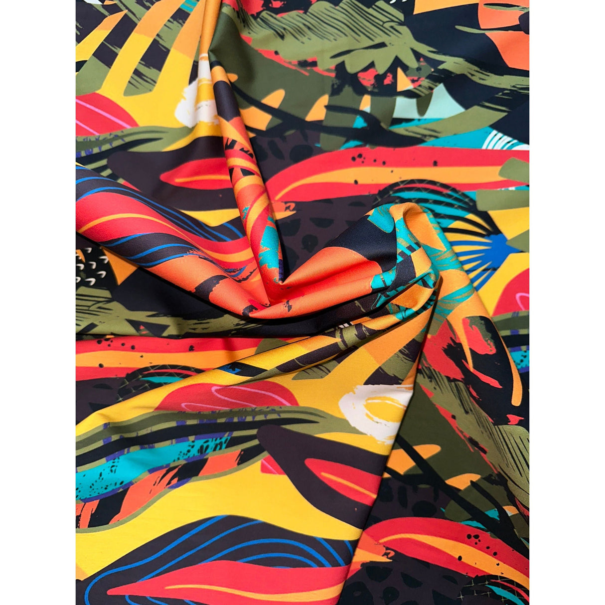 African Print Stretch Cotton Satin Fabric - Orange, Yellow, Teal, Green, Blue, Black Kalahari Camo, 58" Width (1 Yard)