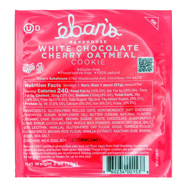Eban's Bakehouse Gluten-Free Individually Wrapped White Chocolate Cherry Oatmeal Cookie 2 oz. - 48/Case
