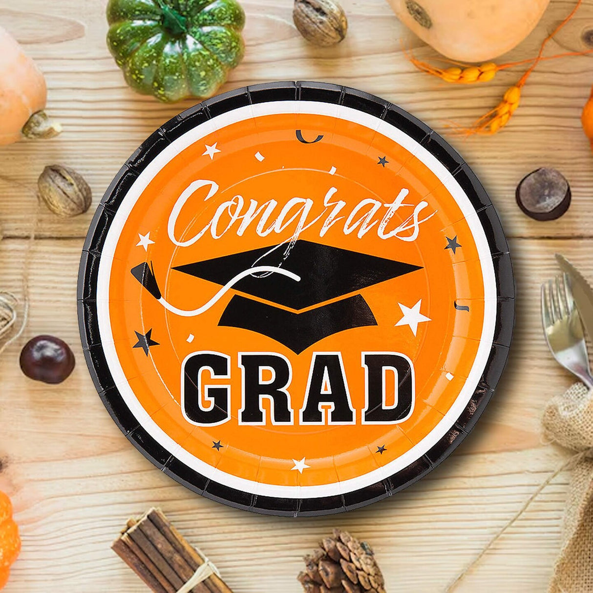 25 Count Orange Congrats Grad Solid Color Paper Dessert Plates Disposable Graduation Party